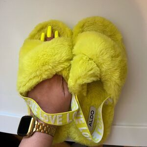 ALDO neon yellow slippers furry slides size M
